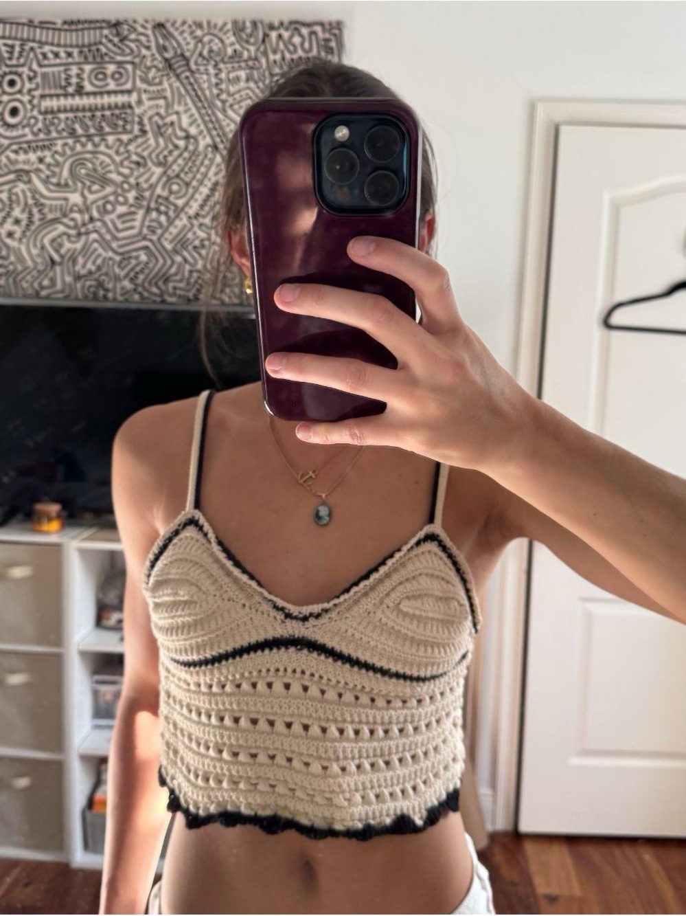 Zara Cream Crochet Crop Tank with Black Trim